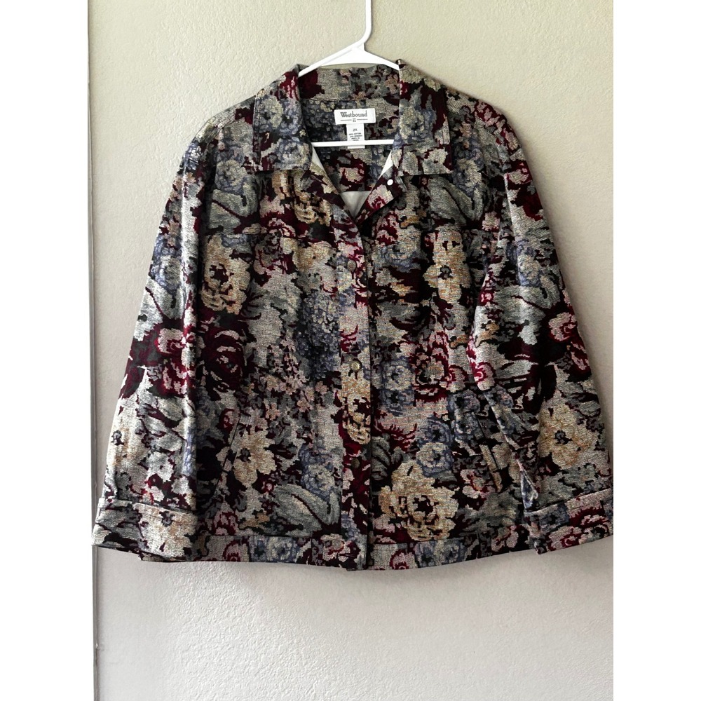 Westbound II Womens Floral Tapestry Jacket Burgundy Blue Cotton Blend Size 2X